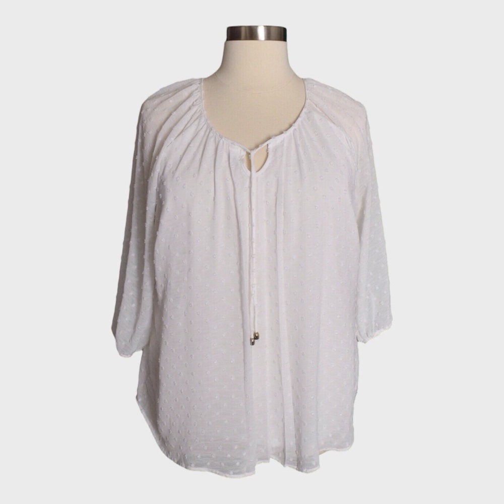 Roz & Ali White Swiss Dot Peasant Blouse with Tie Neck
